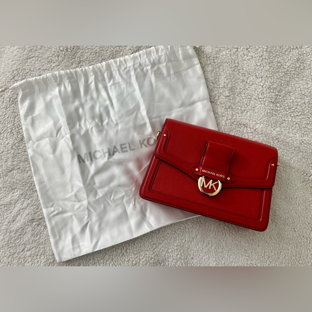 Michael Kors Jessie Bright Red Pebbled Leather Shoulder Crossbody Bag NWT - Picture 7 of 8